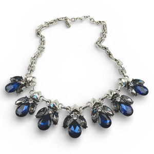 Y2K Vintage Silver Tone Blue Sapphire Rhinestone Statement Necklace.